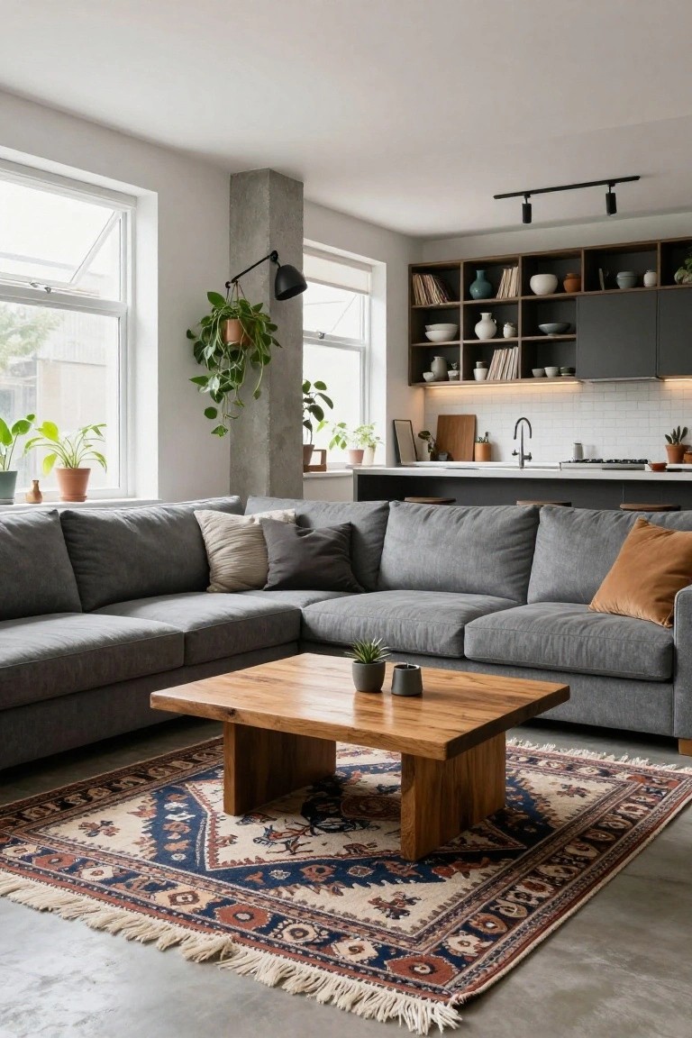 Open-plan living room with L-shaped gray sofa, wooden coffee table, colorful patterned rug with fringe edges, potted plants near windows, and modern kitchen in background.
