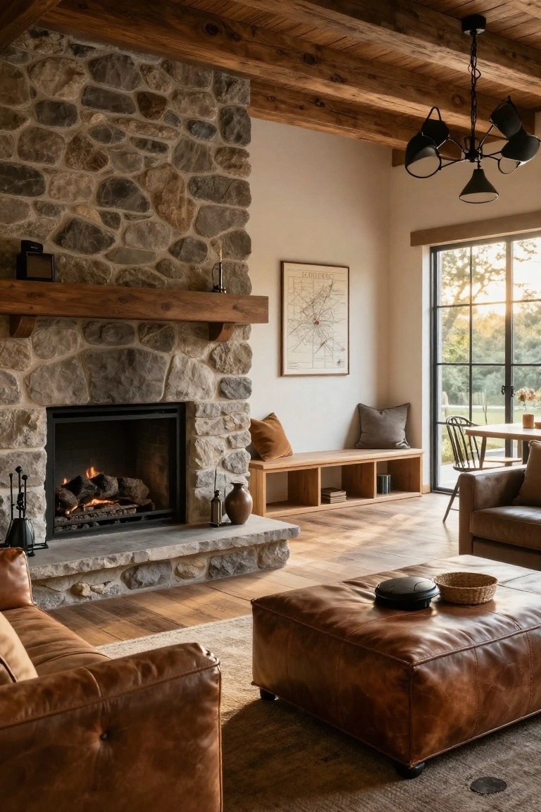 Living room with a tall fieldstone fireplace, two brown leather sofas facing each other across a leather ottoman, wooden ceiling beams, built-in benches, and large windows showing trees outside.