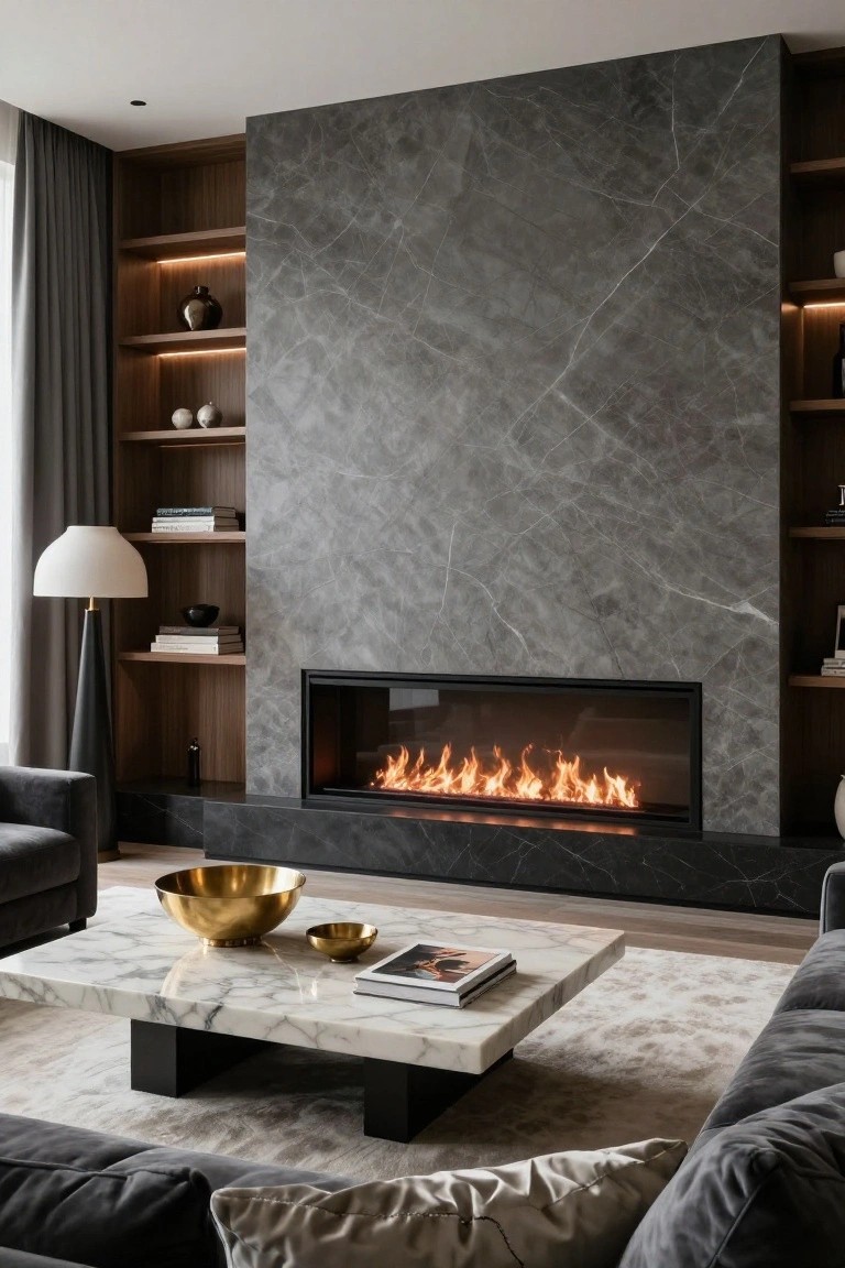 Modern living room with dark grey veined marble wall featuring a horizontal linear gas fireplace at the base, flanked by wooden open shelving, grey velvet L-shaped sofa, white marble coffee table with gold bowls, and neutral rug.