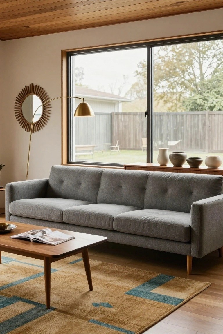 A light grey three-seater tufted sofa faces a wooden mid-century coffee table on a geometric teal and tan rug in a living room with warm wood ceiling, floor lamp, and large window to backyard.