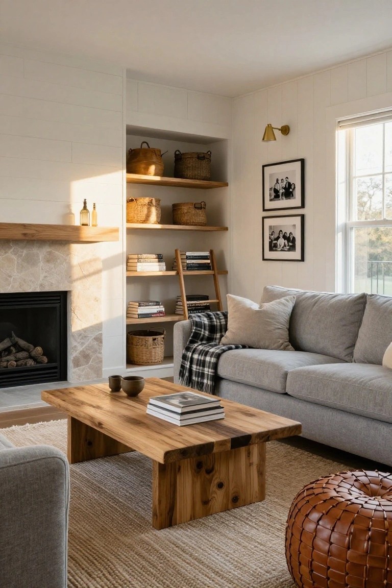 Light grey L-shaped sofa in a living room with wooden coffee table, open wood shelving stocked with books and wicker baskets, marble-surround fireplace, plaid throw blanket, and large window with sunlight.