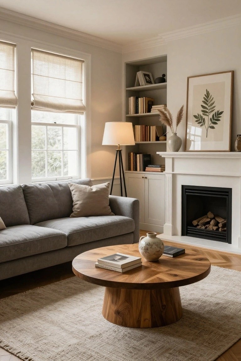 Wooden Coffee Table with Grey Sofa