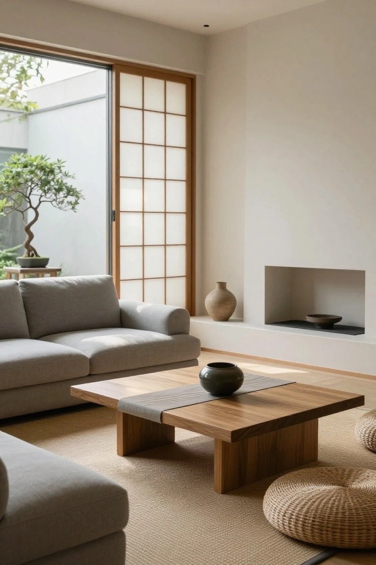 Light grey sofa in a minimalist living room with shoji screen doors to garden, low wooden coffee table, beige floor cushions, bonsai tree outside, and neutral pottery on shelves.