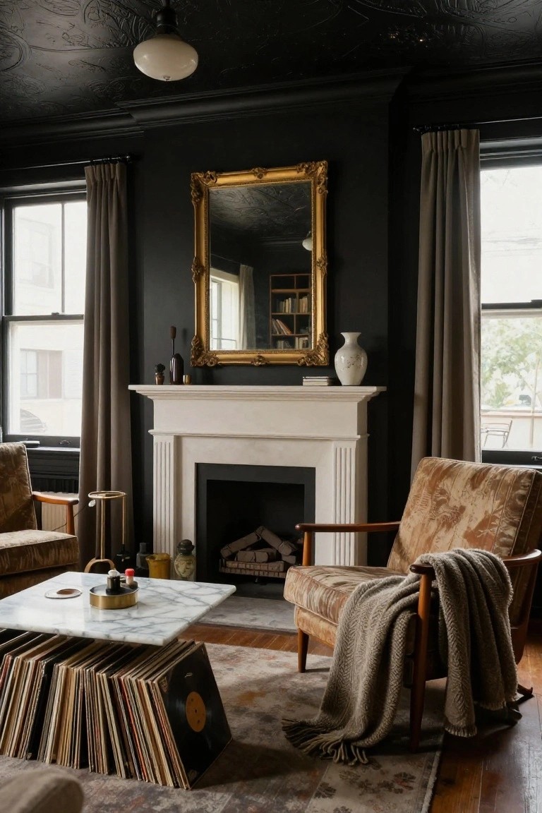 A living room with black painted walls and ornate black ceiling, white marble fireplace with gold-framed mirror above, two brown upholstered chairs, marble coffee table on stacked vinyl records, and beige rug on wood floors.