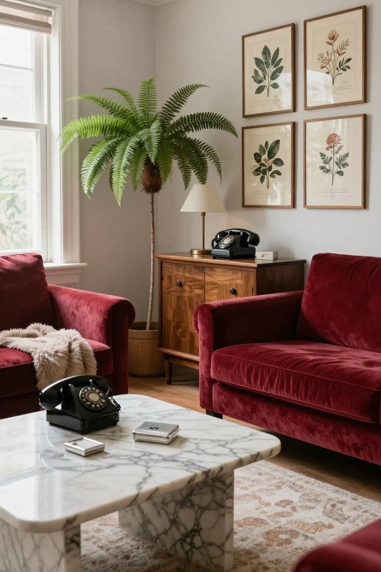Corner view of a living room with two red velvet sofas flanking a white marble coffee table holding a black rotary phone and two silver boxes, a wooden credenza next to a tall potted palm with another rotary phone and brass lamp, four framed botanical prints on pale walls, and a patterned rug on hardwood floors.