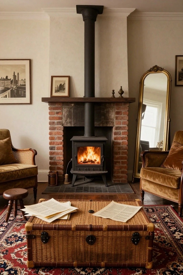 A cozy living room with a black cast-iron wood-burning stove inside a brick fireplace, flanked by two beige velvet armchairs, a wicker trunk coffee table holding papers, and vintage artwork on pale walls beside a tall mirror.