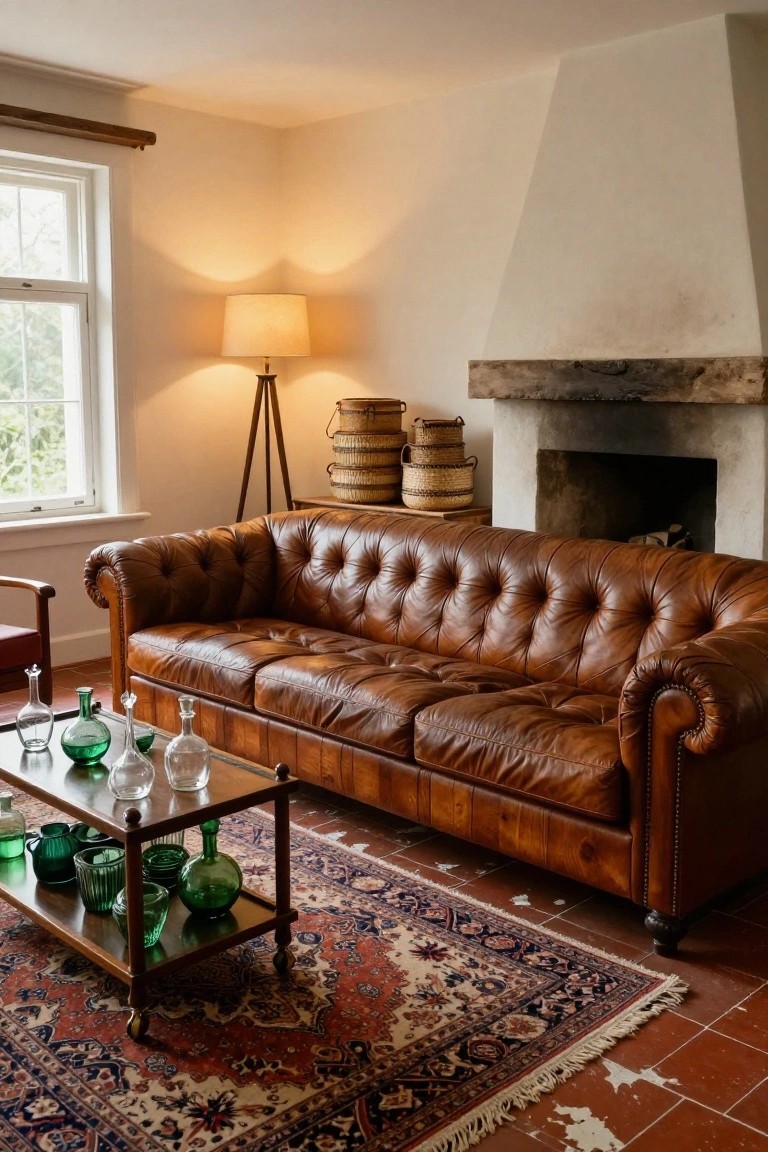 A living room interior with a large brown button-tufted leather Chesterfield sofa, wooden coffee table holding green glass bottles and decanters, arched stone fireplace, floor lamp, woven baskets, and Persian rug on terracotta tile floor.