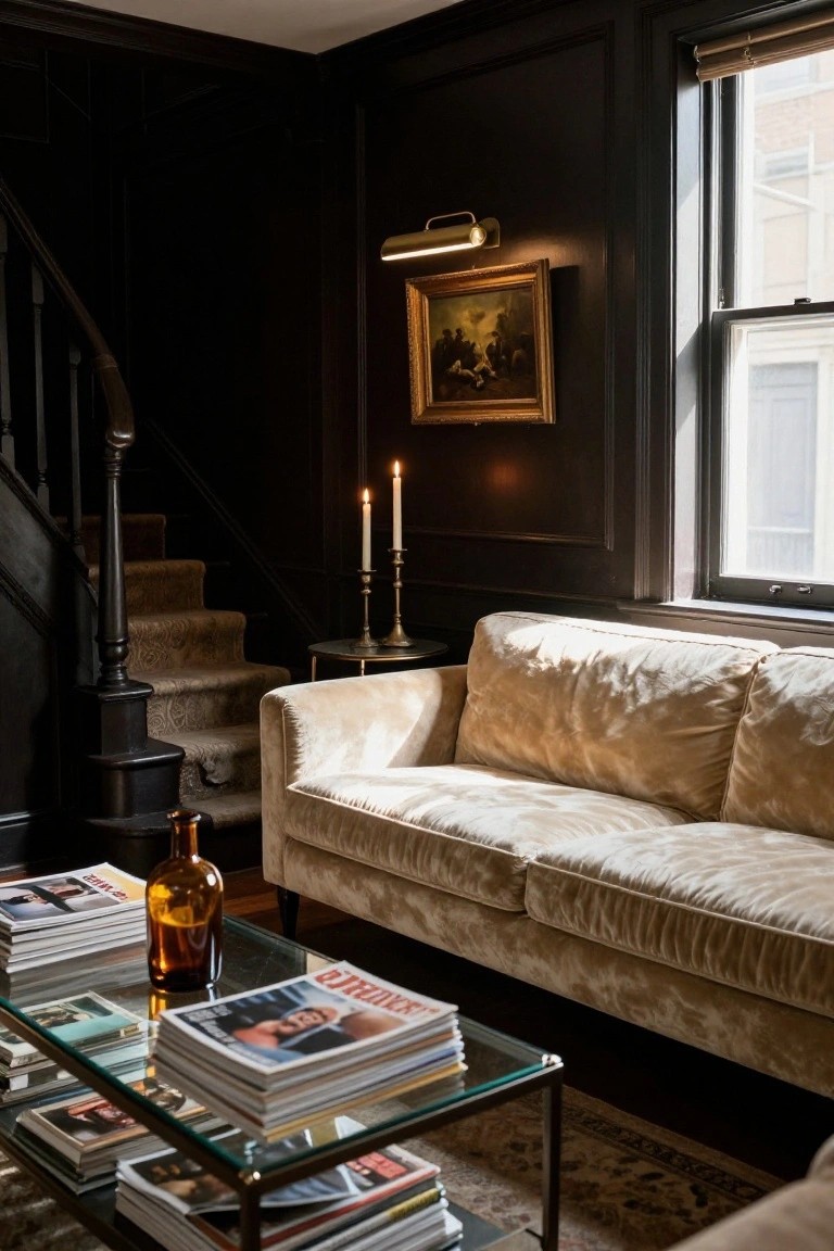 Dark wood-paneled living room with cream velvet sofa, glass coffee table holding stacked magazines, brass candlesticks with lit candles, gold-framed painting, and carpeted staircase.