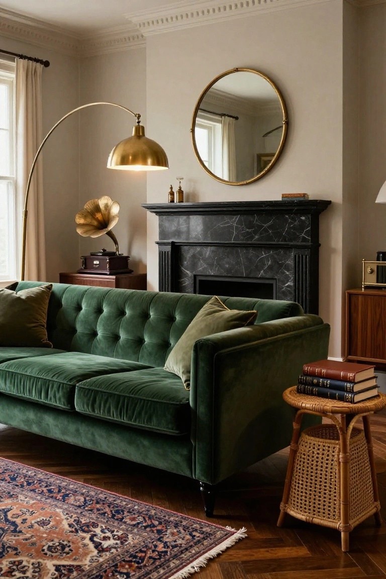 Living room interior with emerald green tufted velvet sofa, black marble fireplace, vintage brass gramophone on wooden stand, gold arc lamp, round gold mirror, wooden cabinets, stacked books on rattan side table, and Persian rug on herringbone parquet floor.