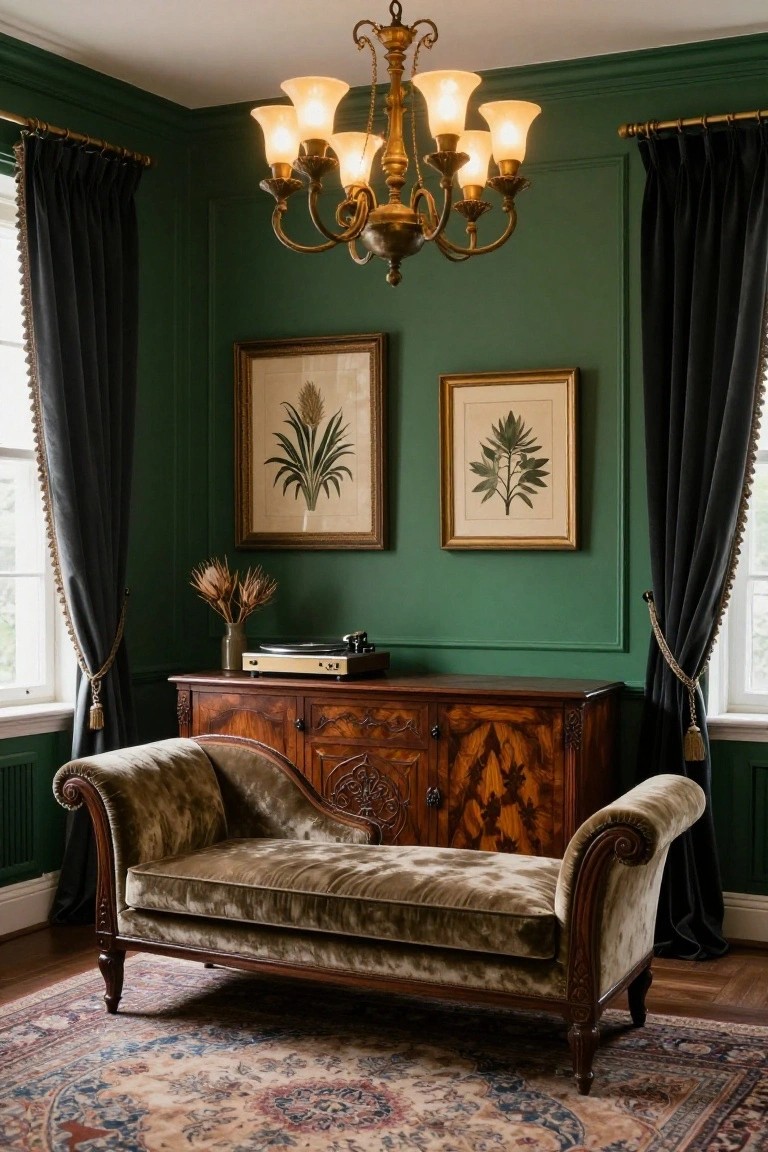 Corner of a living room with emerald green walls, black drapery on windows, gold-framed botanical prints, wooden credenza holding a turntable, green velvet chaise lounge, brass chandelier, and patterned rug on wood floor.