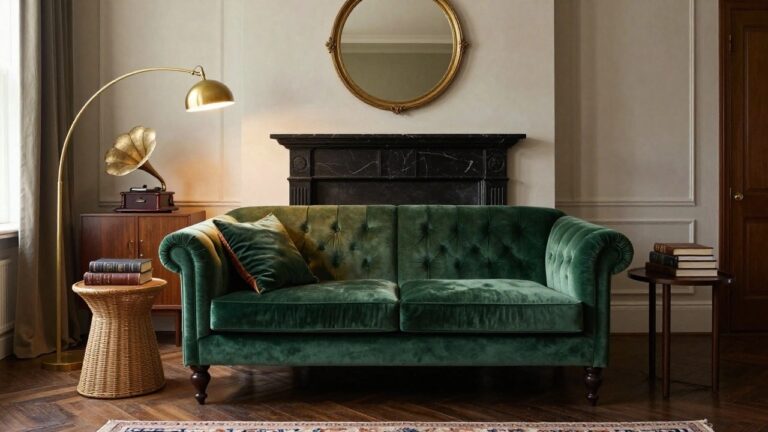 Living room interior with emerald green tufted velvet sofa, black marble fireplace, vintage brass gramophone on wooden stand, gold arc lamp, round gold mirror, wooden cabinets, stacked books on rattan side table, and Persian rug on herringbone parquet floor.