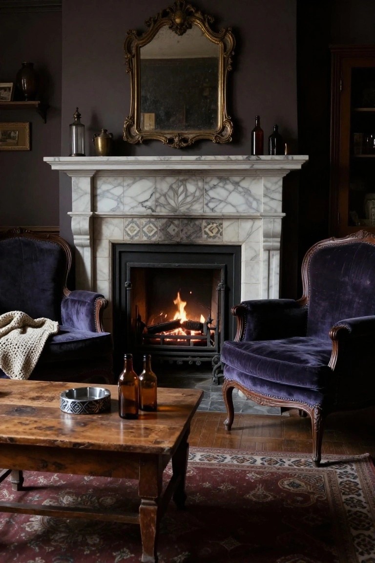 Moody living room with ornate white marble fireplace mantel, glowing fire, purple velvet armchairs, wooden coffee table with bottles and ashtray, gold mirror above mantel, and Persian rug on floor.