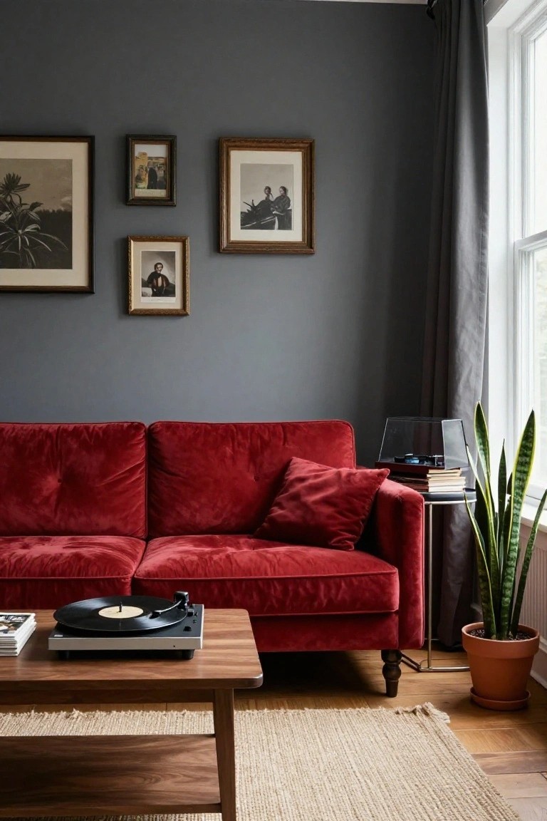 Living room with dark gray walls displaying vintage framed artwork, a red velvet sofa, wooden coffee table holding a turntable and records, side table with books and lamp next to a potted snake plant, beige rug, and window with gray curtain.