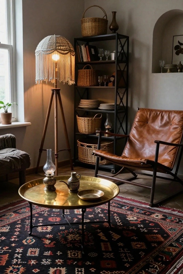 Cozy living room corner with lit white fringed tripod floor lamp, brown leather sling rocking chair, brass tray table with brass oil lamps and teapot, black metal open shelving filled with woven baskets plates and glassware, patterned kilim rug, wool-upholstered stool, and potted plant by window.