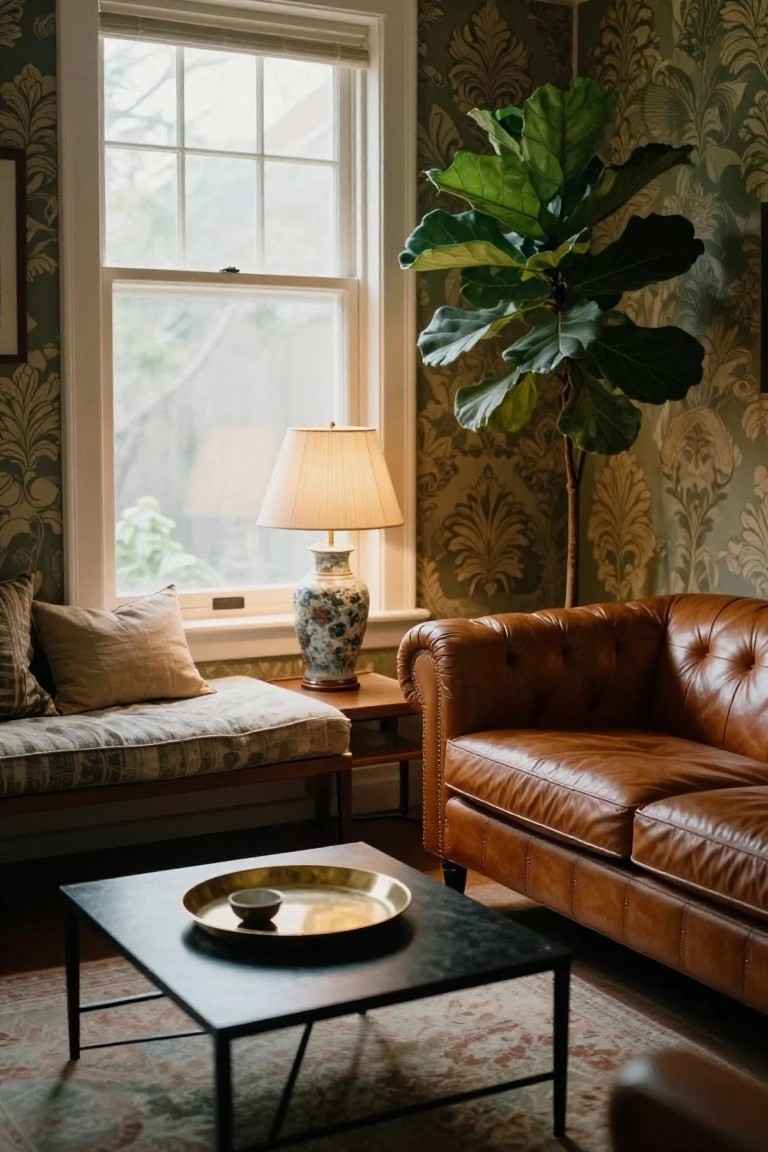 A living room featuring dark green patterned wallpaper, a brown tufted leather Chesterfield sofa, a linen daybed by a large window, a fiddle leaf fig plant, a porcelain lamp on a wooden side table, and a black metal coffee table holding a brass tray and small bowl on an oriental rug.