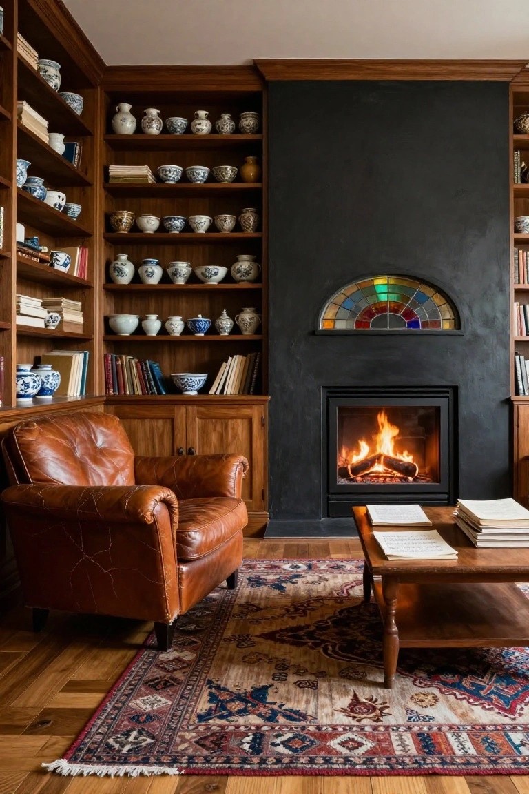 Wood-paneled bookshelves displaying numerous blue-and-white ceramic vases, jars, and bowls surround a black plaster fireplace with stained glass arch above, tan leather armchair, wooden coffee table with stacked books, and patterned rug on hardwood floor.