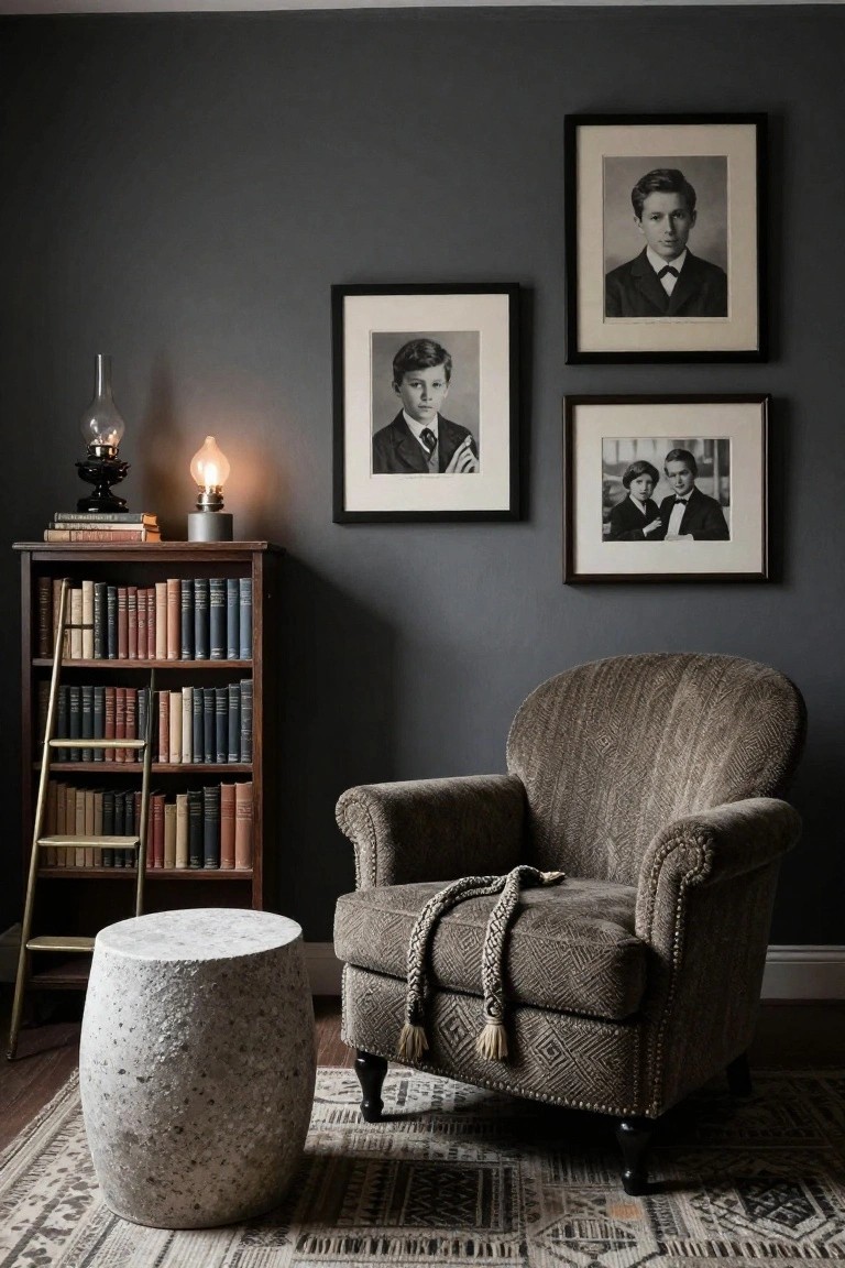 Dark gray-walled interior corner with wooden bookshelf holding books and a brass ladder, three framed black-and-white portraits of young boys and men in formal attire, tufted armchair with tassel throw, stone stool, oil lamp on books, and patterned rug.