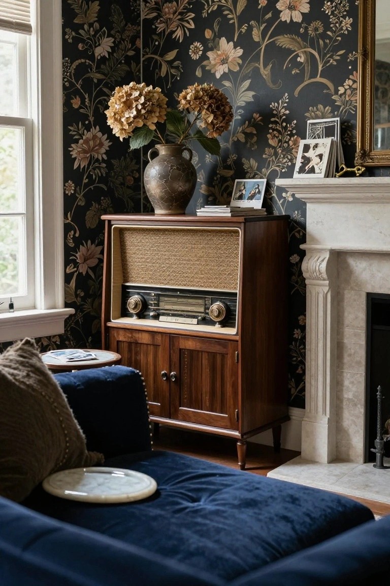 Corner of a living room with dark floral wallpaper on two walls, a wooden vintage radio cabinet with fabric speaker grille beside a white marble fireplace, dried hydrangeas in a textured vase on top, framed photos on the mantel, and a blue velvet sofa nearby.