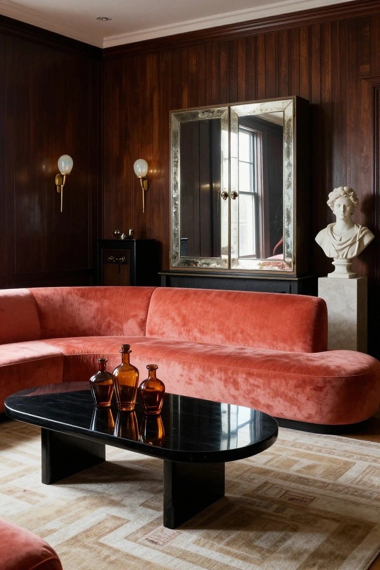 Dark wood paneled living room featuring a curved coral velvet sectional sofa, black oval coffee table with amber glass bottles, mirrored cabinet, marble bust on pedestal, and wall sconces.