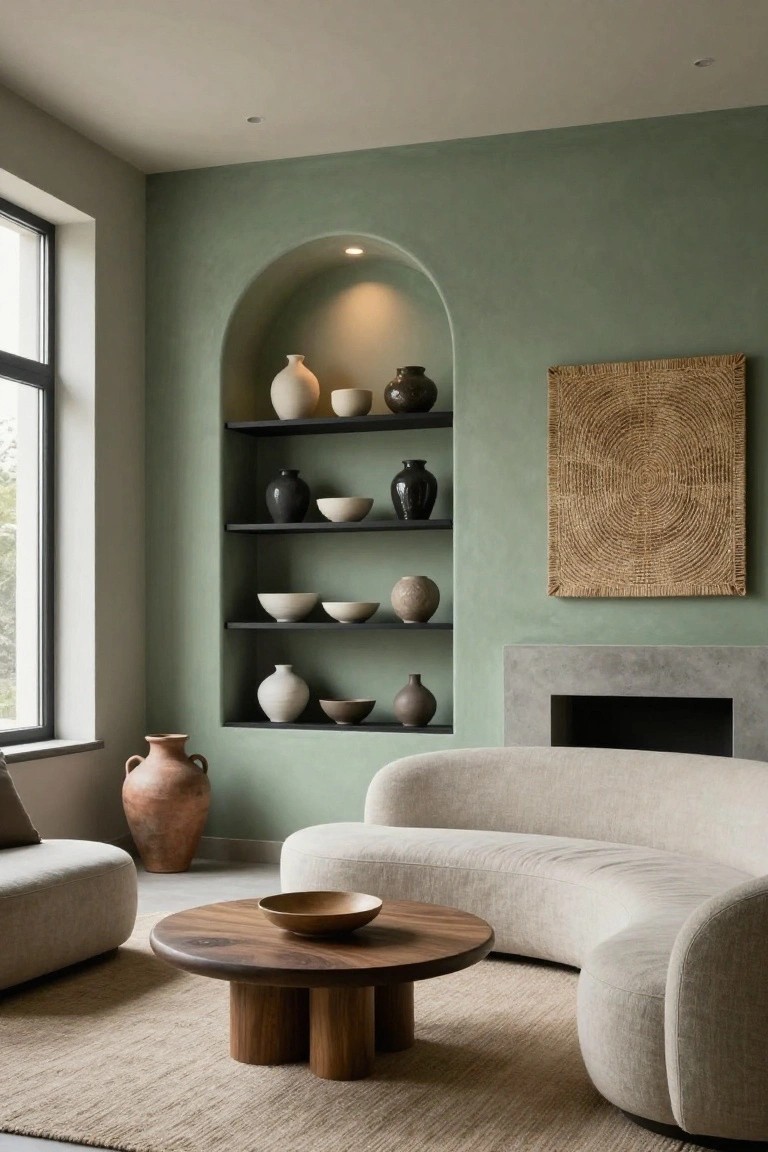 Living room with sage green walls featuring a lit arched built-in niche with black shelves holding various ceramic vases and bowls, a curved cream sofa, wooden coffee table with bowl, pouf chairs, terracotta vase, woven wall art, and concrete fireplace.