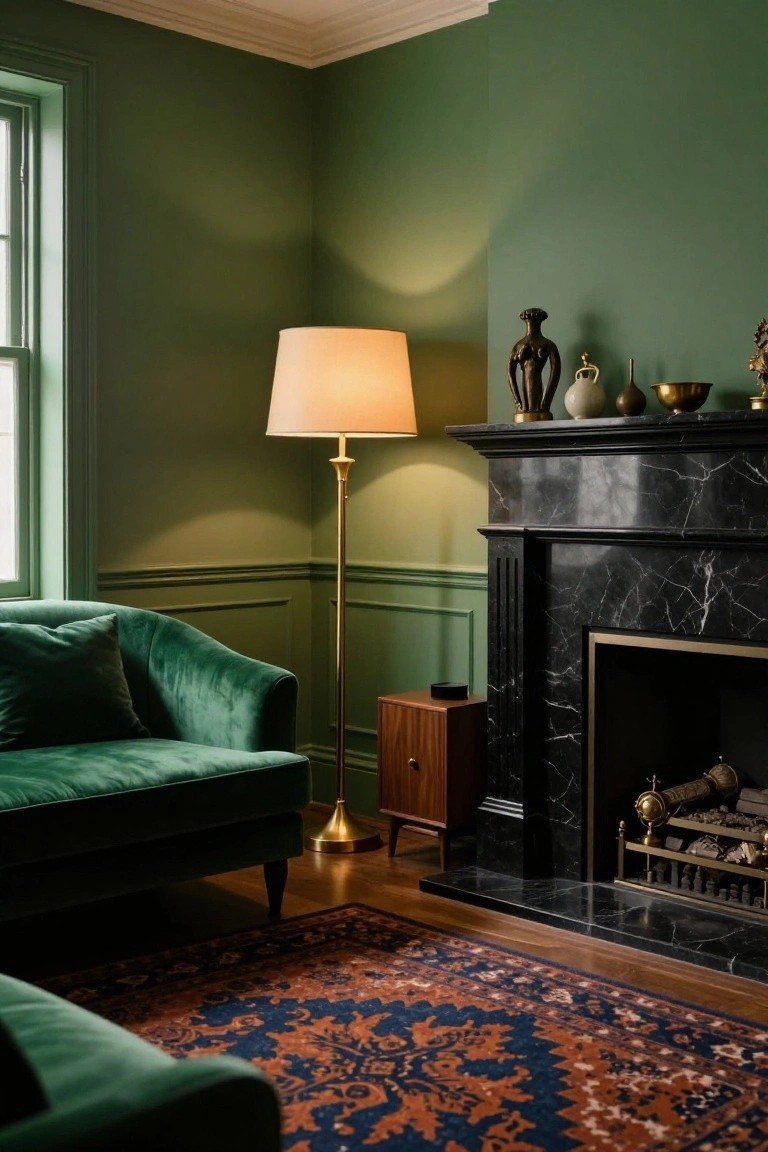 Corner view of a living room with sage green paneled walls, green velvet chaise lounge, brass floor lamp, wooden side table, black marble fireplace with decorative sculptures on mantel, and patterned rug on wood floor.