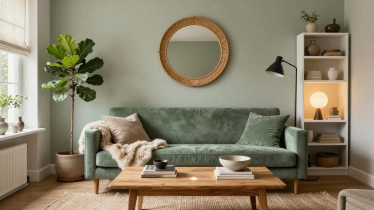 Living room with pale sage green walls, green velvet sofa draped with a white faux fur throw, large round rattan mirror with shelves, fiddle leaf fig plant, wooden coffee table holding books and a bowl, floor lamp, and beige seagrass rug.