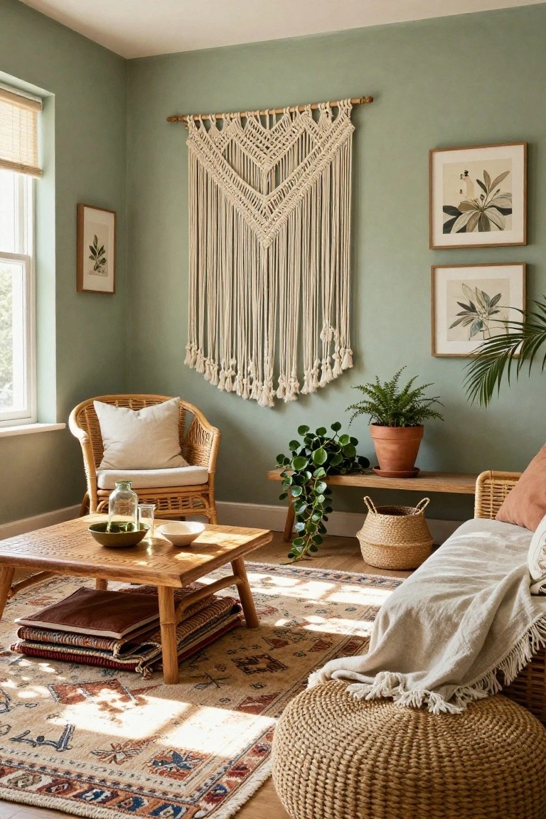 Sage green living room corner with rattan armchair and white cushion, glass vase on low wooden coffee table, potted plants, macrame wall hanging, framed botanical prints, woven basket, and ottoman on patterned rug.