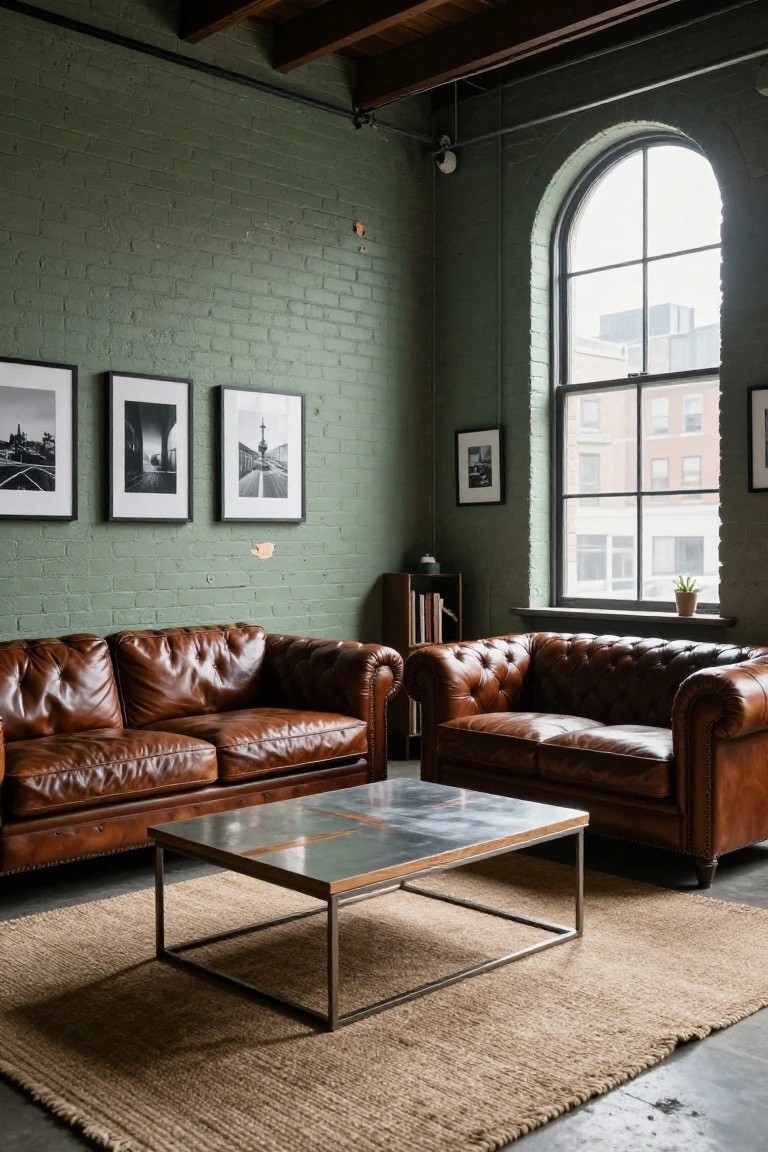 Living room with sage green exposed brick walls, two brown tufted leather sofas around a rectangular metal coffee table on a beige rug, black-and-white photos on the wall, wooden shelves, and a tall arched window overlooking buildings.