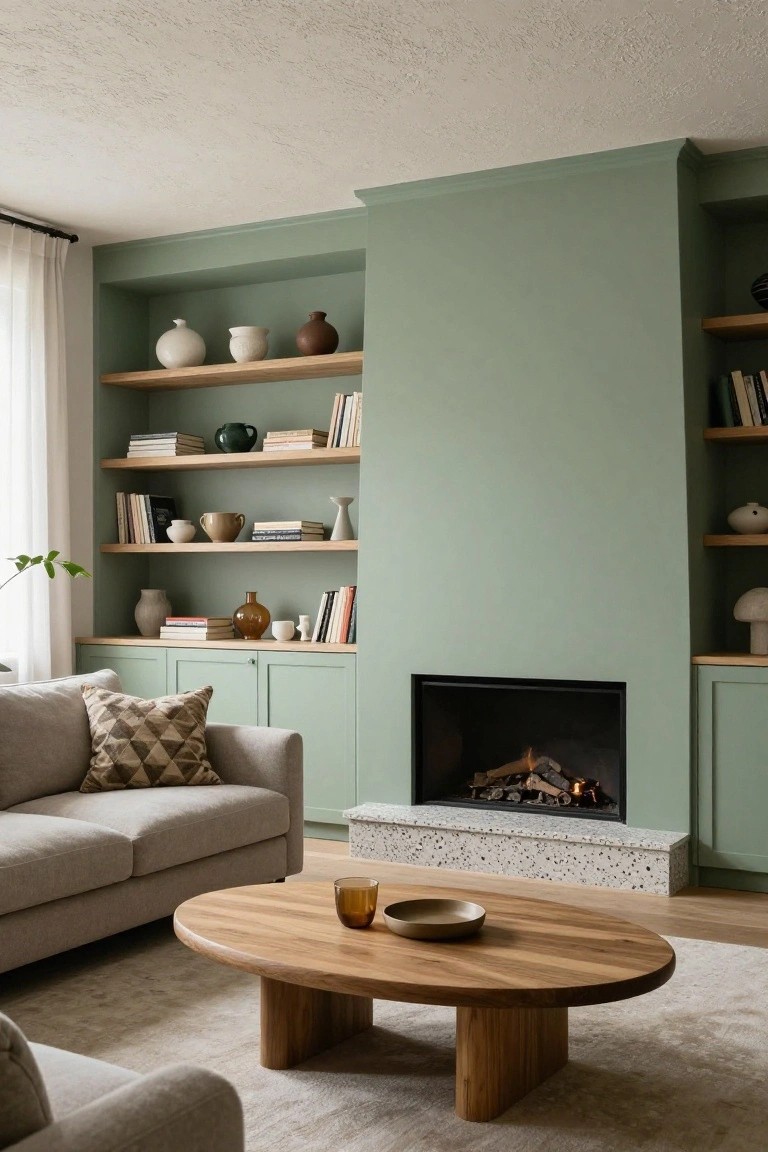 Living room with sage green built-in cabinets and open wooden shelves flanking a fireplace, gray sofa nearby, oval wooden coffee table on light wood floor.