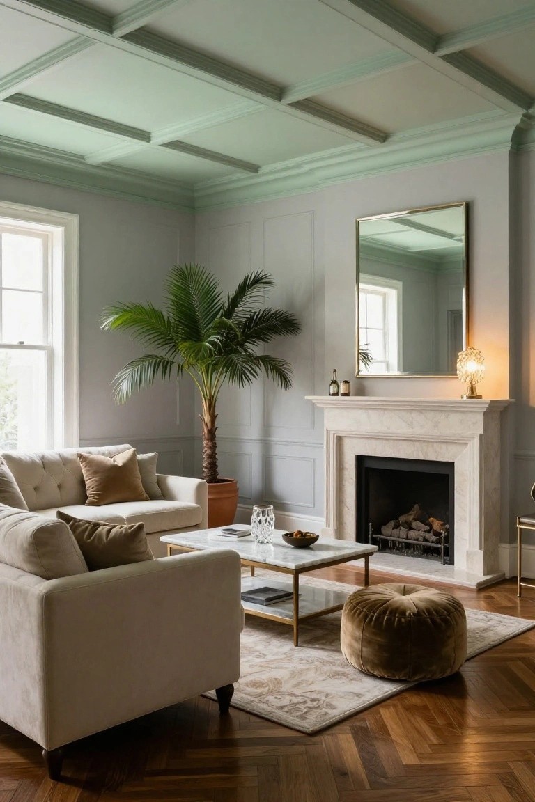 Living room featuring a sage green coffered ceiling, light gray paneled walls, cream tufted sofa with tan pillows, tall potted palm tree, marble fireplace with lit fire, gold-framed mirror, and parquet wood floors.