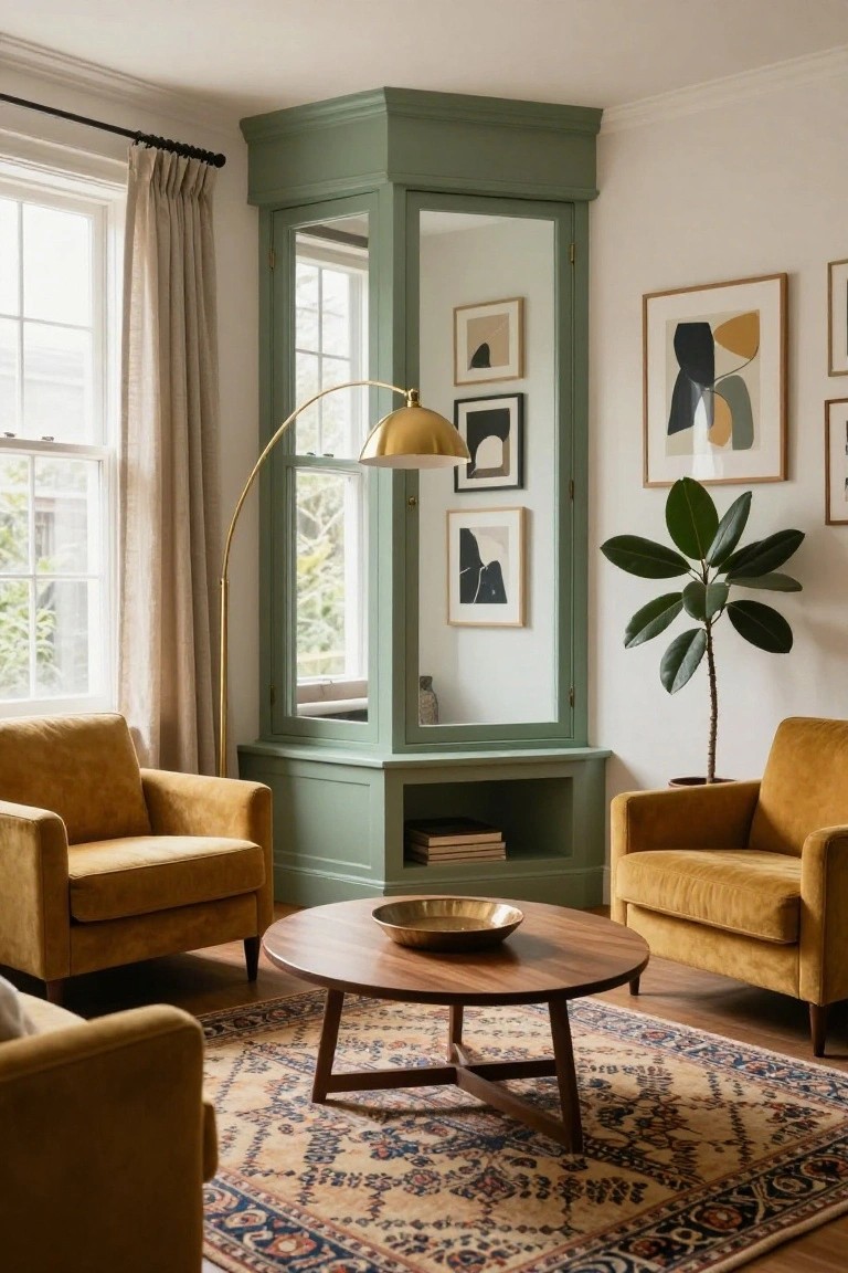 Living room with two mustard yellow velvet armchairs flanking a round walnut coffee table on a blue and beige Persian rug, next to a tall sage green armoire with mirrored doors and open shelving, large potted plant, abstract wall art, and window with linen curtains.