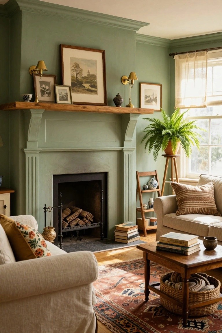 Living room with sage green painted walls and fireplace surround, wooden mantel shelf displaying framed artwork, lamps, and ceramics, cream sofas with patterned pillows, wooden coffee table, and tall potted fern by window.