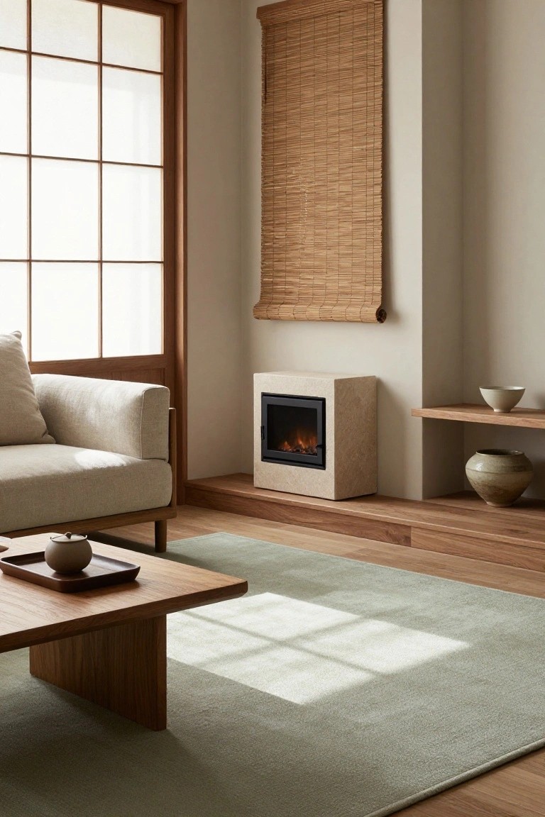 Minimalist living room featuring a cream sofa, wooden coffee table with teapot, sage green rug, gas fireplace, shoji screen window, bamboo blind, and ceramic pottery on shelves.