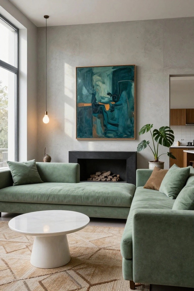 Modern living room with L-shaped sage green velvet sectional sofa facing a black fireplace, round white pedestal coffee table on a patterned rug, large abstract teal painting on wall, monstera plant in white pot, pendant light, and large window with view of trees.