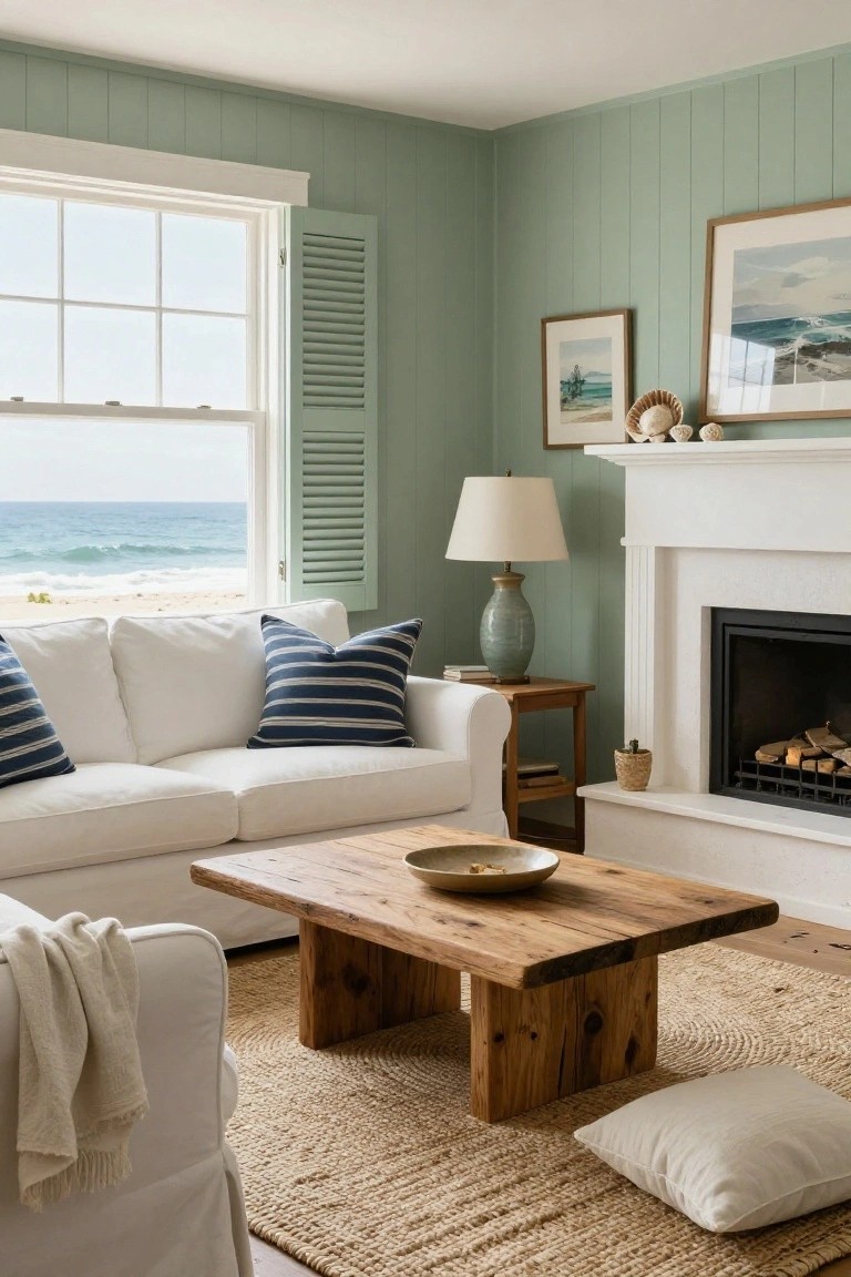 Living room featuring sage green vertical shiplap walls, white sofa with navy striped pillows and throw blanket, wooden coffee table, side table with lamp, white fireplace mantel, and large window with shutters overlooking beach and ocean.