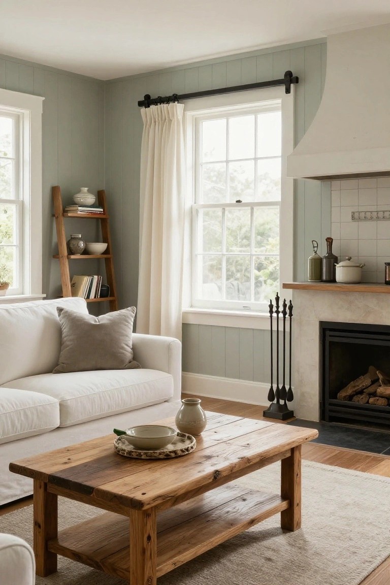 A living room corner with sage green vertical board-and-batten walls, white sofa with gray pillow, wooden coffee table holding a bowl and vase, ladder shelf with pottery and books, and marble fireplace with black fire tools and logs.