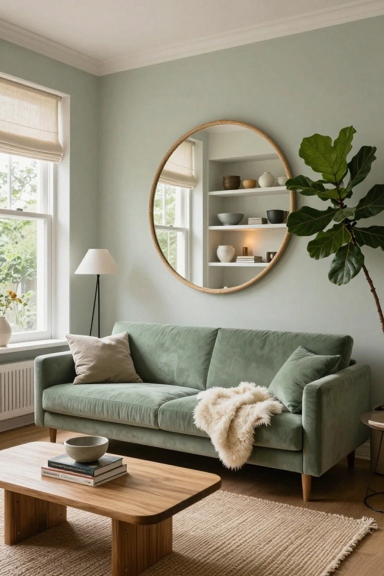 Living room with pale sage green walls, green velvet sofa draped with a white faux fur throw, large round rattan mirror with shelves, fiddle leaf fig plant, wooden coffee table holding books and a bowl, floor lamp, and beige seagrass rug.
