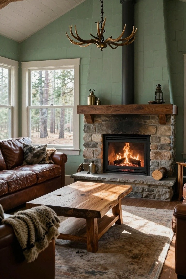 Sage green tiled walls in a living room with wooden beamed ceiling, antler chandelier, stone fireplace with burning logs, leather sofa, wooden coffee table, and large windows showing pine trees outside.