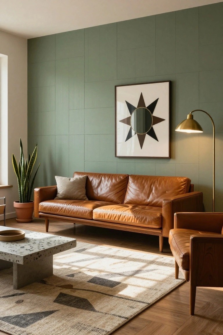 A living room with sage green paneled walls, tan leather sofa and armchair, concrete coffee table, geometric rug, potted snake plant, brass arc lamp, and framed abstract star artwork.