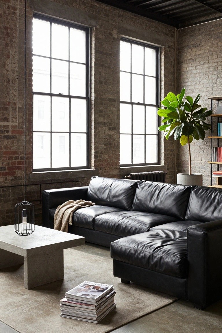 Black leather L-shaped sectional sofa on a neutral rug in an industrial living room with exposed brick walls, large multipane windows, concrete coffee table holding stacked magazines and a wire cage pendant light, tall potted fiddle leaf fig plant, and wooden bookshelf.
