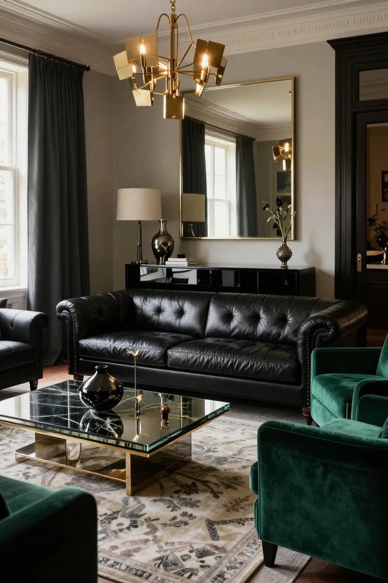 Living room with black tufted leather sofa and armchair, emerald green velvet armchairs, glass-top brass coffee table, gold chandelier, gray walls, dark curtains, and large mirror.
