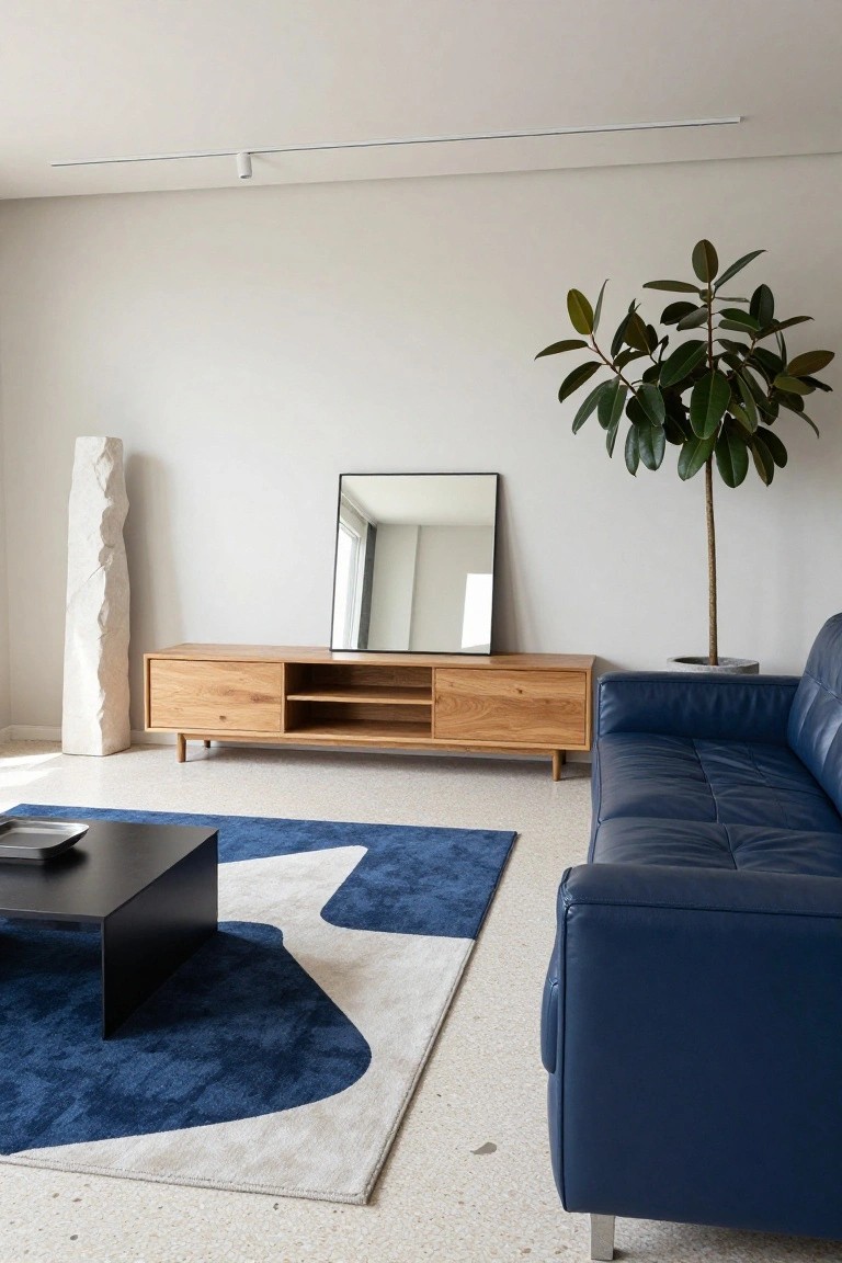 Modern living room with navy blue leather sofa, oak wood TV console and cabinets, black coffee table on blue and white sculptural rug, large potted plant, floor lamp sculpture, full-length mirror, and white terrazzo floor.
