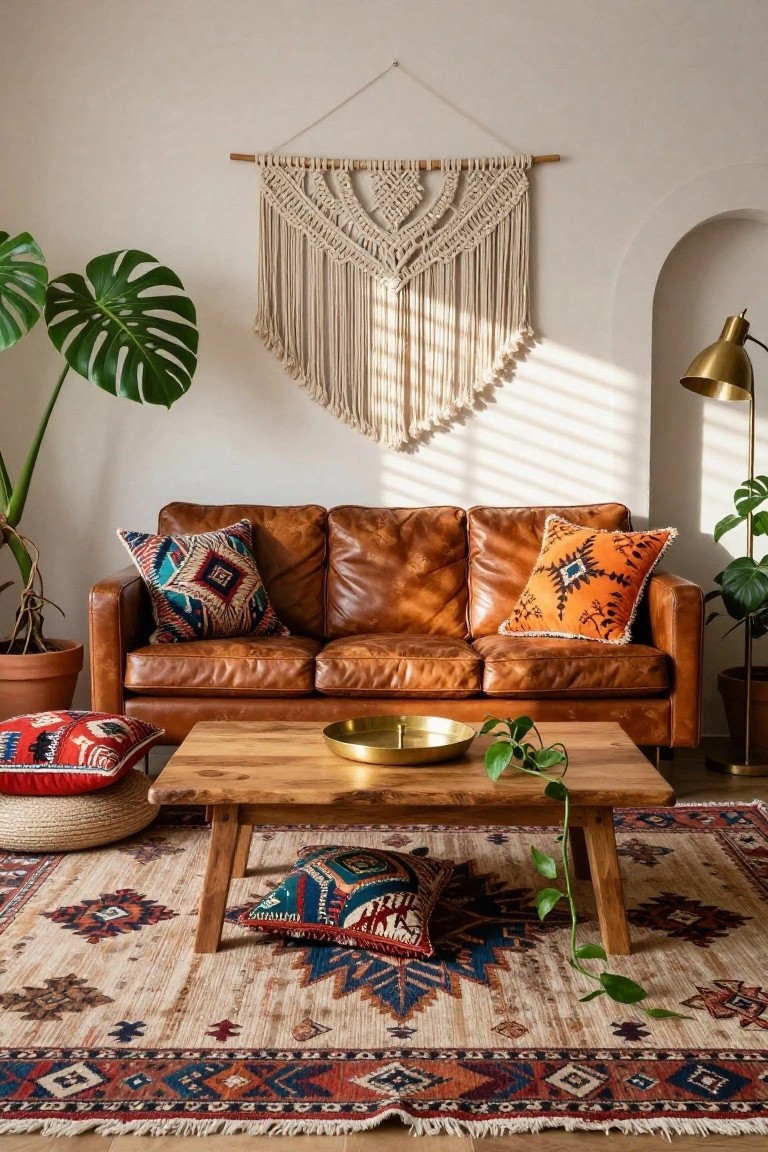 Tan leather three-seat sofa in a living room with colorful geometric pillows, potted monstera plants, macrame wall hanging, wooden coffee table holding a gold bowl and trailing plant, brass floor lamp, and large patterned rug.