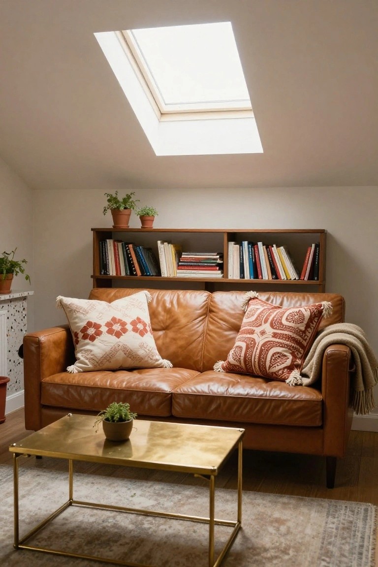 Tan leather sofa with terracotta boho pillows and throw blanket in an attic living room featuring a skylight, wooden bookshelves with books, potted plants, and a gold metal coffee table holding a small succulent.