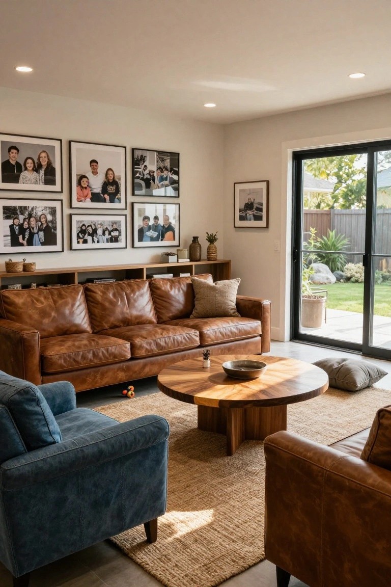 Cozy living room with brown leather sofa, blue chairs, and family photos.