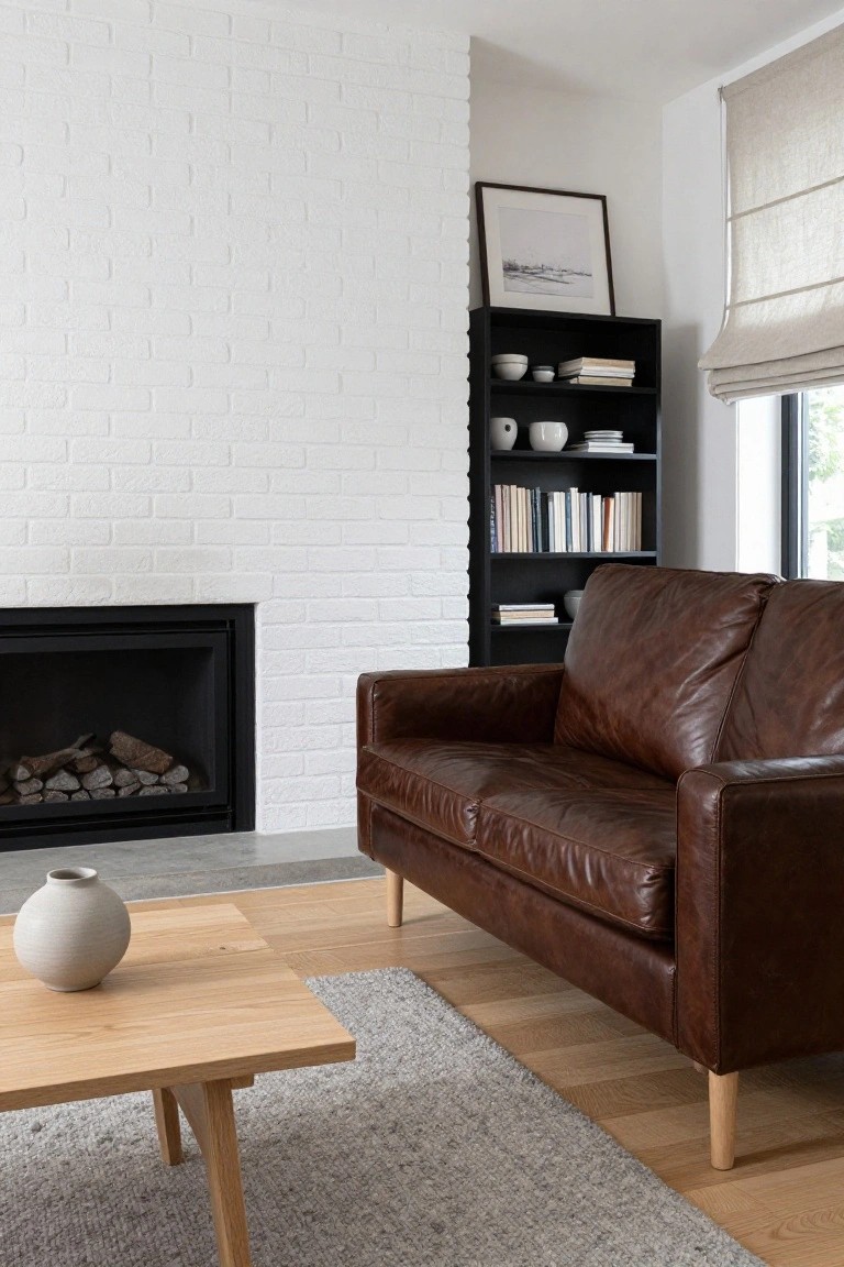 A brown leather two-seater sofa positioned in front of a white brick wall with an inset black fireplace, next to a black bookshelf and wooden coffee table in a modern living room.