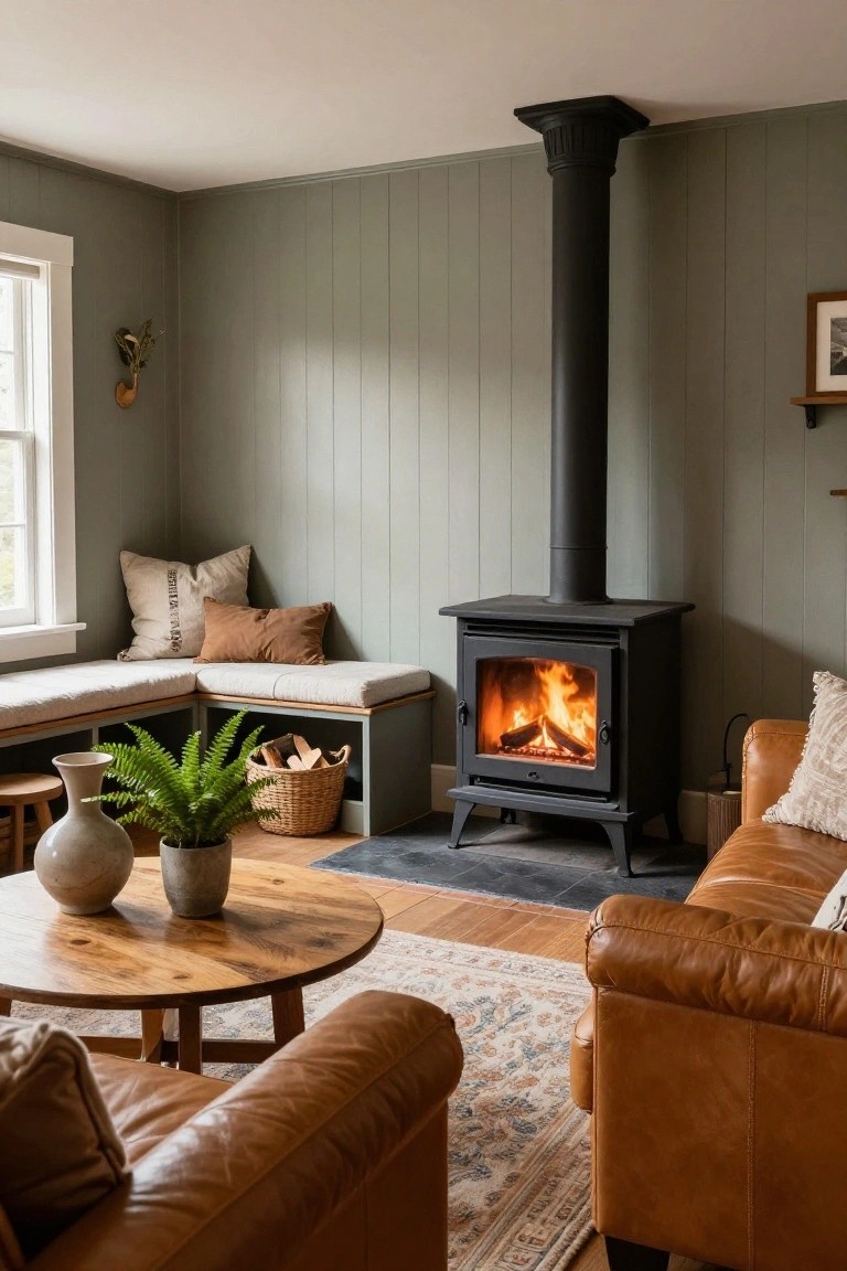 Living room interior with sage green paneled walls, black freestanding wood stove burning firewood, tan leather sofa and armchair, round wooden coffee table with pottery vases, built-in bench with cushions, fern plant, and basket of logs.