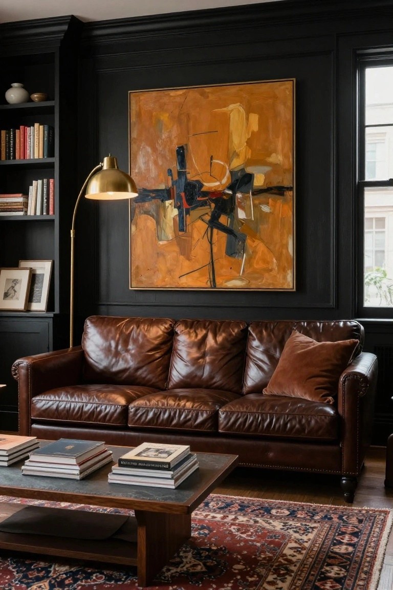 Brown tufted leather three-seater sofa in a black paneled living room with built-in bookshelves, gold arc floor lamp, large abstract orange painting, wood coffee table with stacked books, and red Persian rug on hardwood floor.