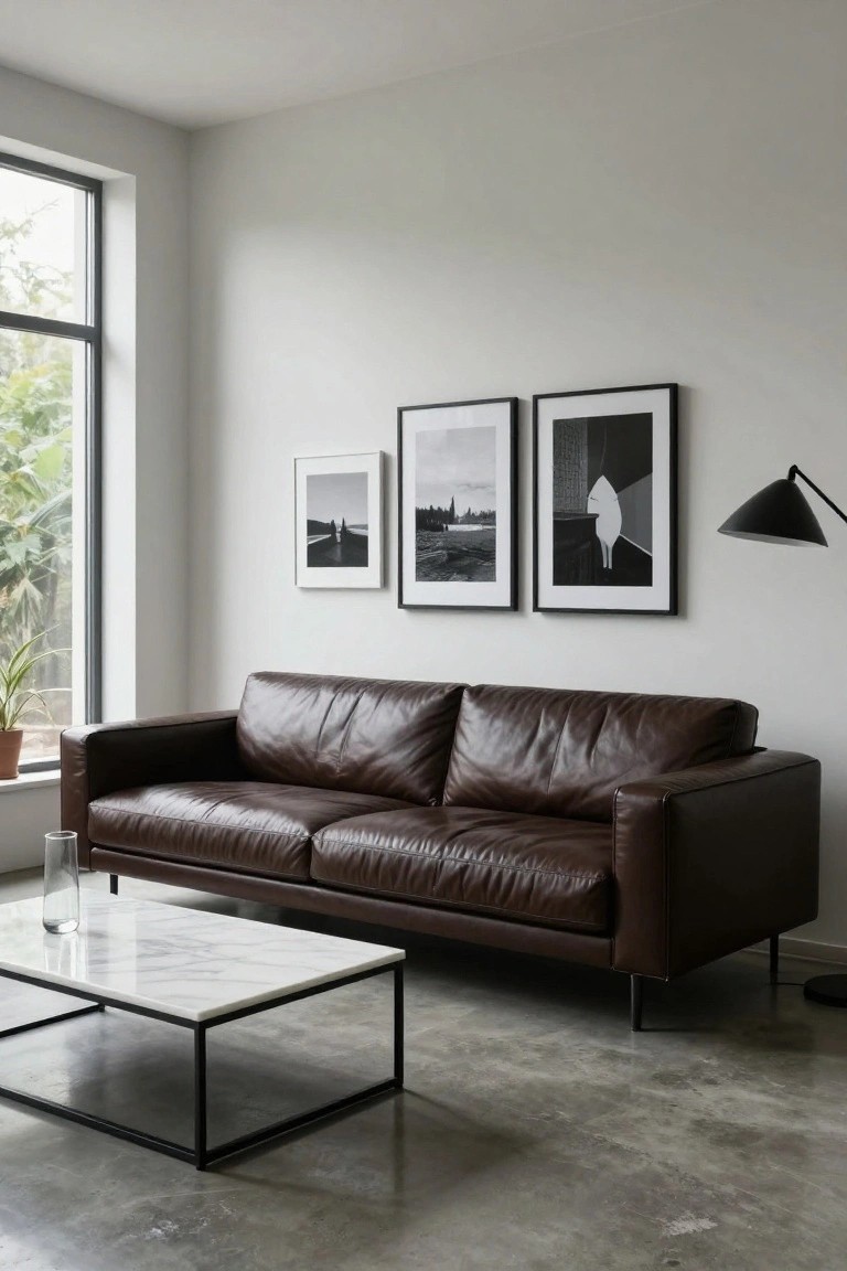 Modern living room with brown leather sofa, white marble coffee table on black metal frame, three black-framed black-and-white photos on pale wall, potted plant by large window with greenery outside, black arc lamp, and polished concrete floor.