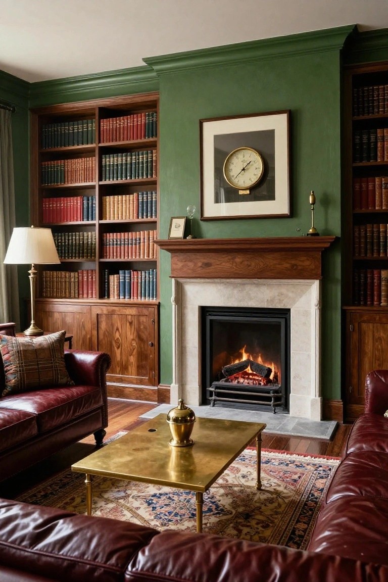 A traditional library living room with dark green walls, wooden bookshelves lined with books, a lit fireplace in a stone surround, two burgundy leather sofas, brass coffee table, and patterned rug.